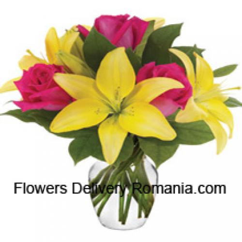 Pink Roses and Yellow Lilies in Vase