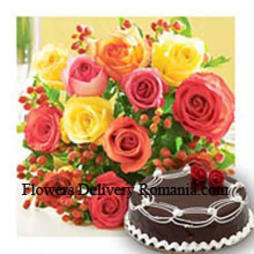 11 Mixed Roses with Yummy Chocolate Cake