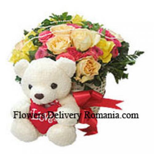 25 Rosas Mixtas con Oso de Peluche