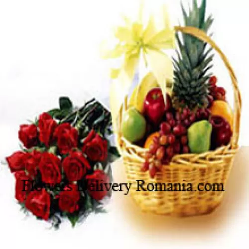 Ramo de 11 rosas rojas con canasta de frutas frescas de 5 kg (11 lb)