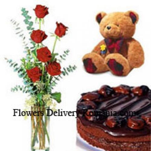 7 Rosas Rojas con Pastel de Chocolate y Oso de Peluche