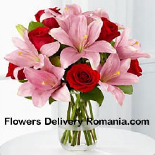 Pink Lilies and Cute Red Roses