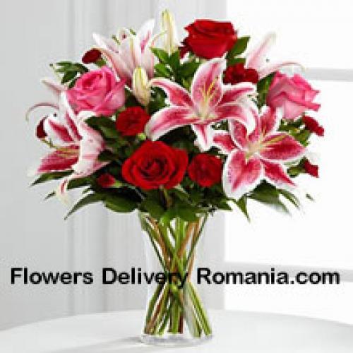 Roses with Pink Lilies in Vase