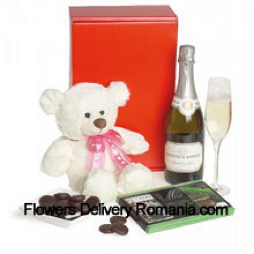 Schokoladenbox, Sekt und Teddybär