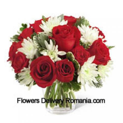 Red Roses and Cute chrysanthemums in Vase