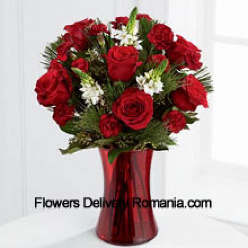 Roses and Assorted Greenery in Red Vase