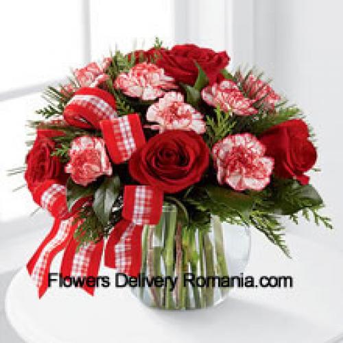 Roses and Carnations with Greens in Vase