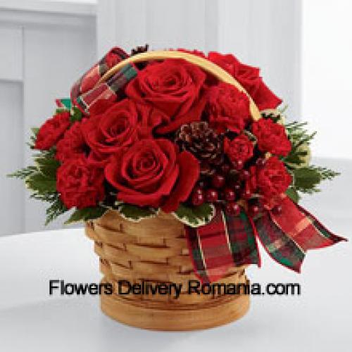 Wooden Basket of Roses and Carnations with Assorted Flowers