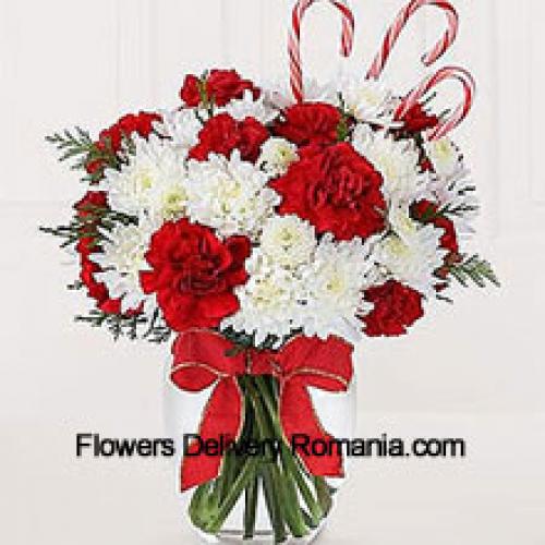 Red Carnations and White Chrysanthemums with Perfect Touch